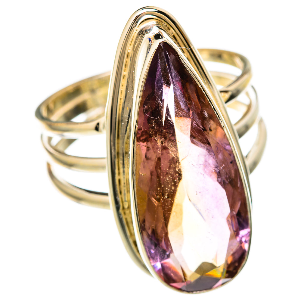 Gold-toned teardrop faceted ametrine ring with bezel-set faceted gemstone