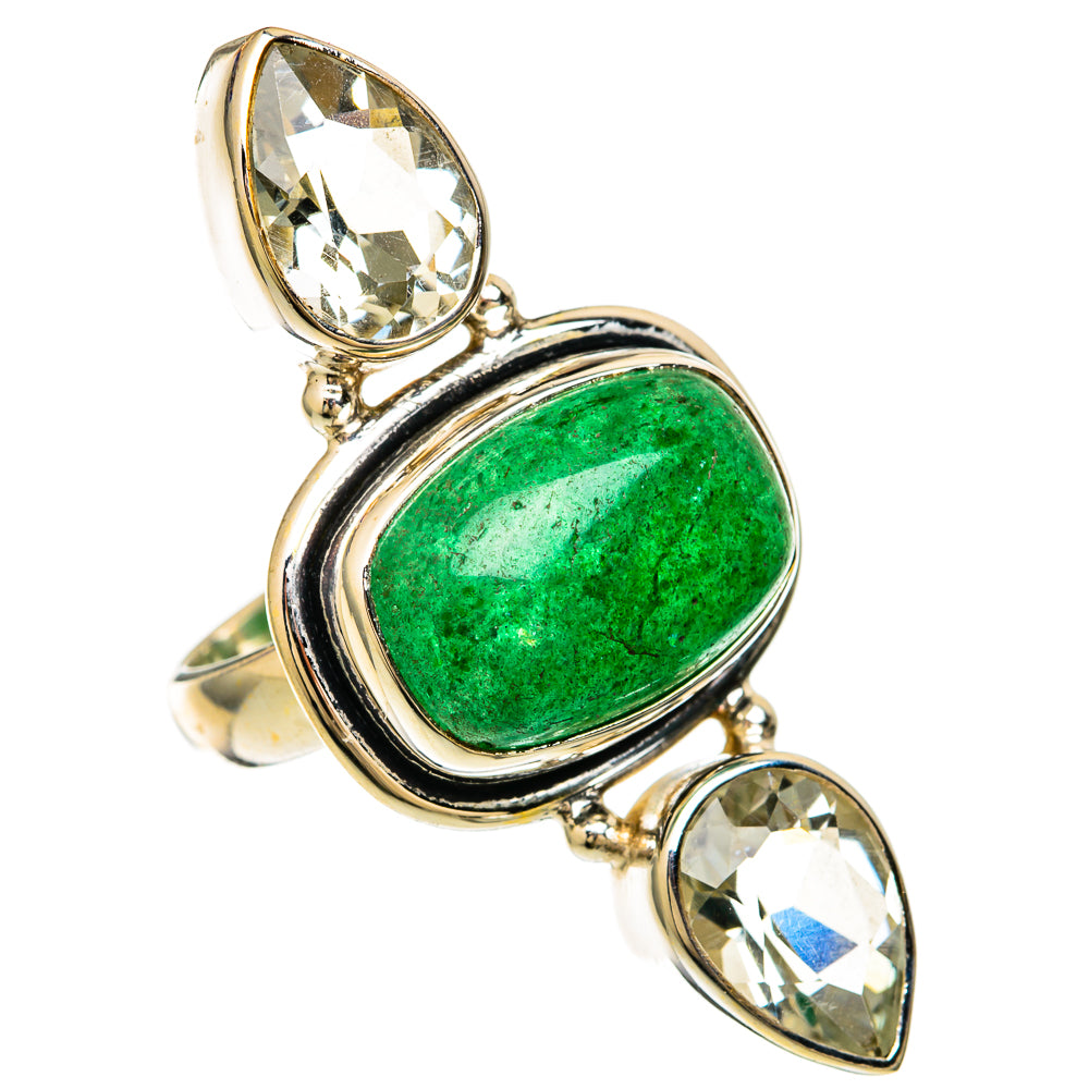 Green aventurine oval ring with two clear marquise stones, 925 sterling silver