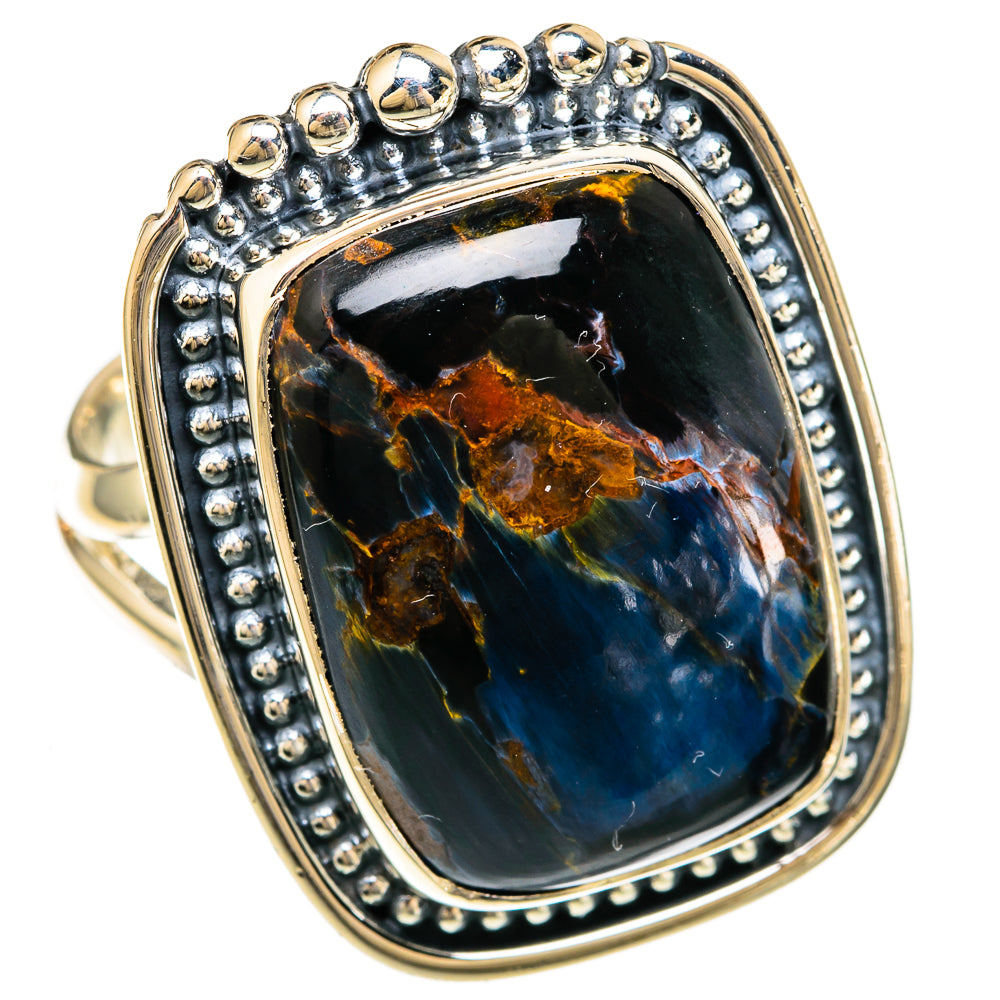 925 sterling silver oval bezel ring with pietersite stone, blue and orange marbling
