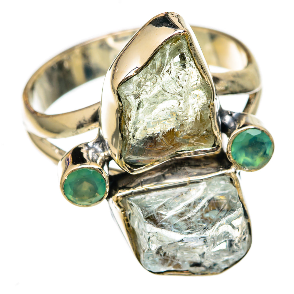 Aquamarine chalcedony rough gemstone ring in silver with two round green side stones