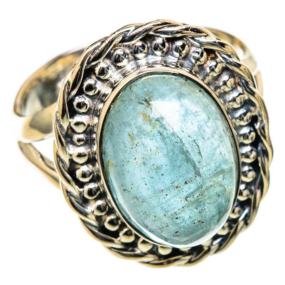 Sterling silver aquamarine ring with oval cabochon and raised beadwork frame