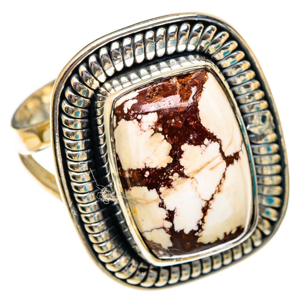 925 sterling silver ring with rectangular wild horse jasper cabochon, dark brown and cream
