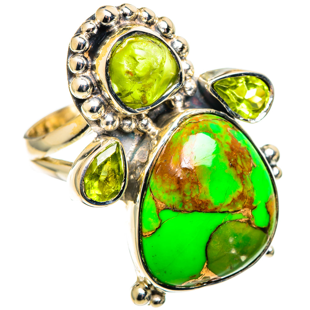 Oval green turquoise cluster ring with bezel-set peridot-green stones on silver band