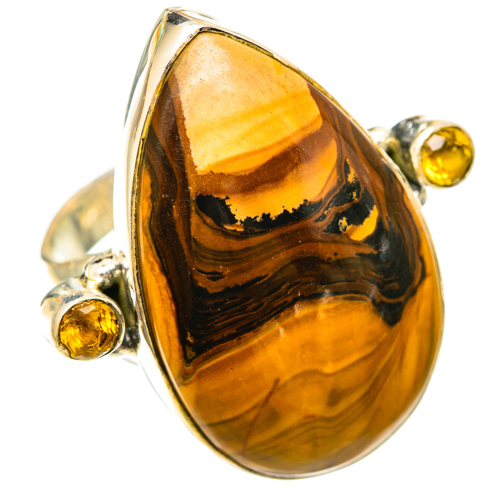 Side view oval picture jasper cabochon ring with yellow citrine detail on silver band