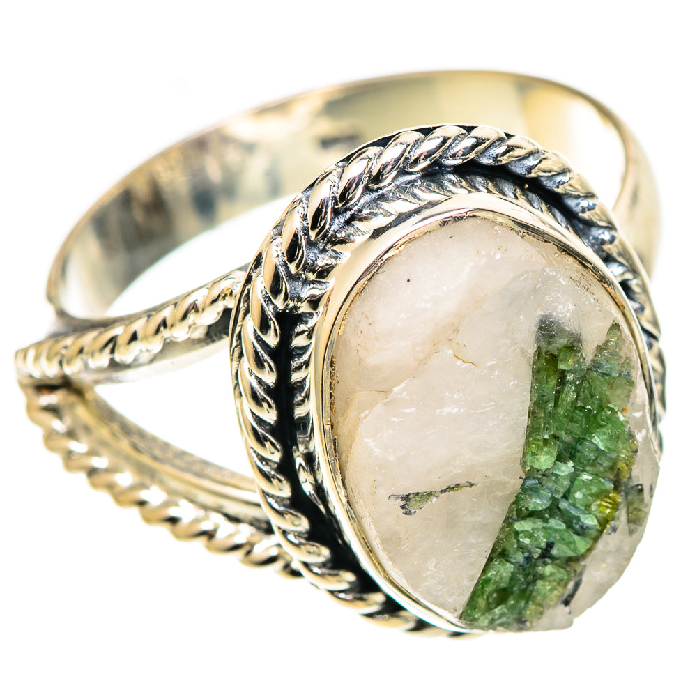 Sterling silver ring with twisted rope band and oval quartz showing green tourmaline