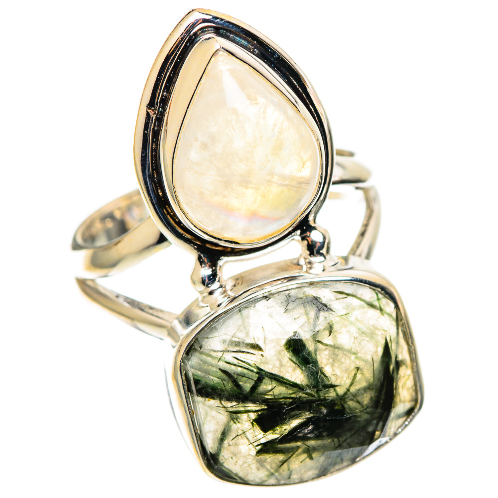 925 sterling silver ring with white opalescent teardrop and dark green gemstone