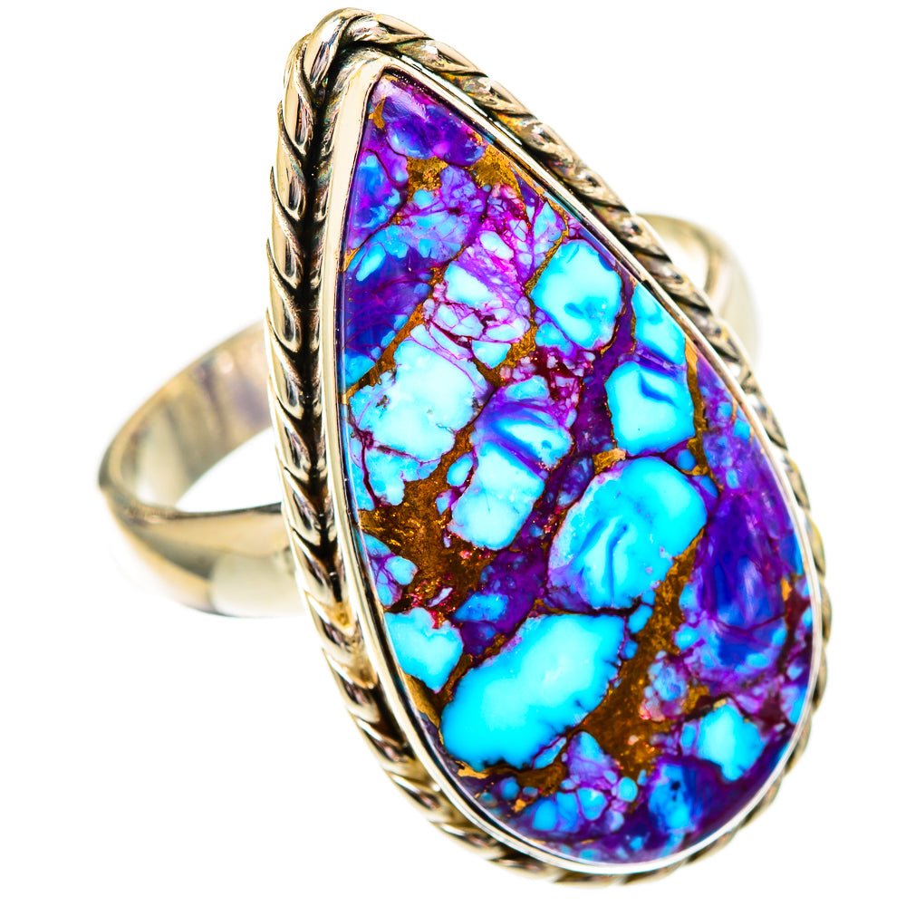 Large spiny oyster ring in 925 sterling silver with teardrop turquoise and purple stone