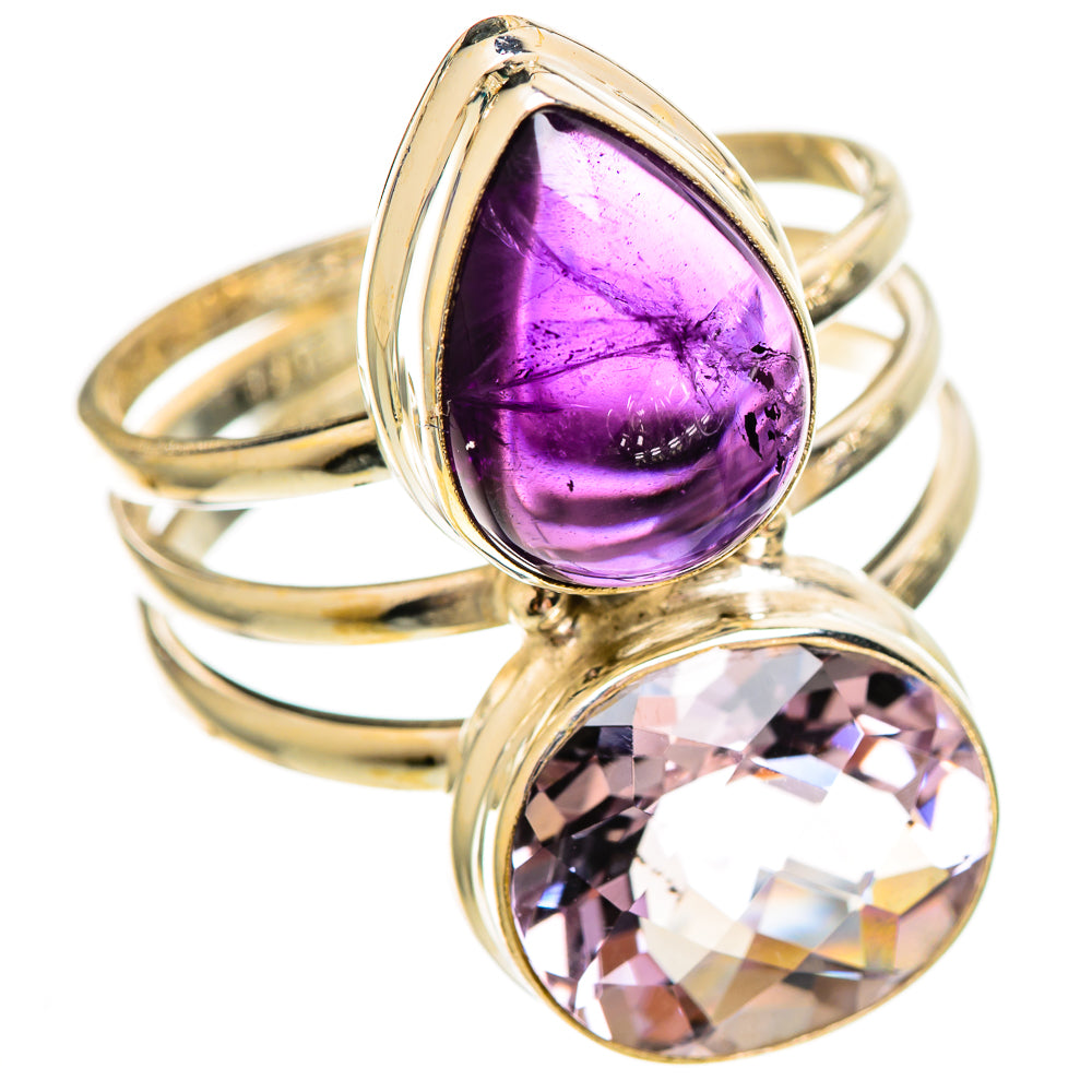 Stacked teardrop purple and round clear faceted gemstone ring, gold-tone band