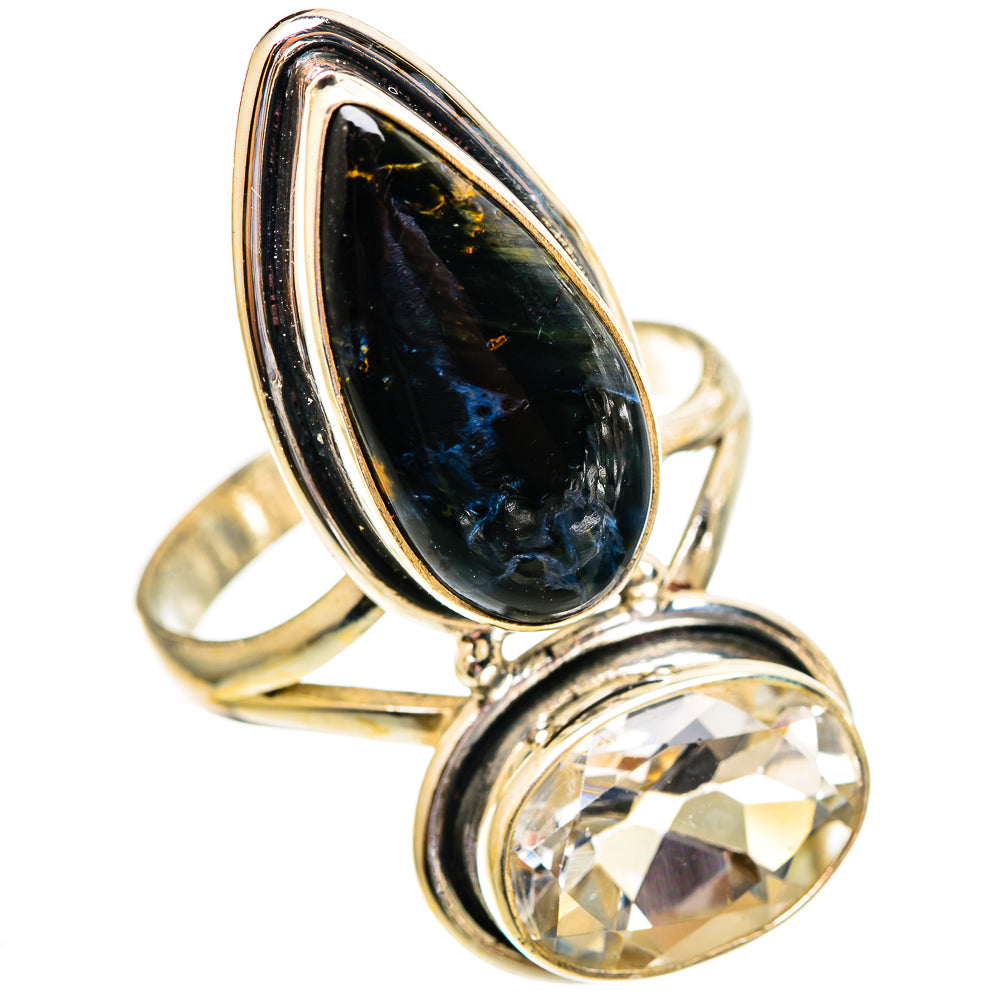 Sterling silver double-stone ring, black-blue pietersite and clear pear-cut quartz