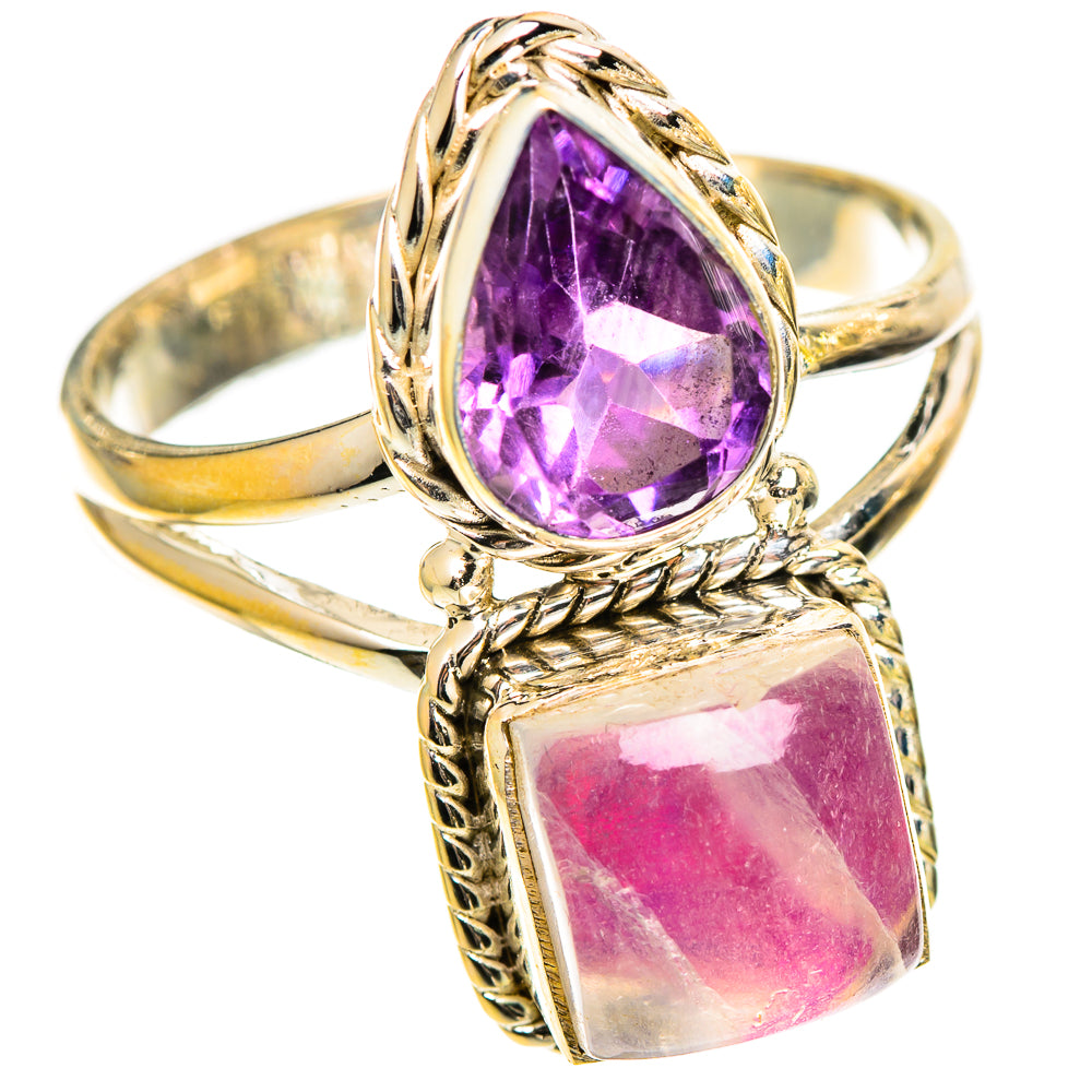 Amethyst and pink gemstone ring with oval and square stones in gold-toned rope setting