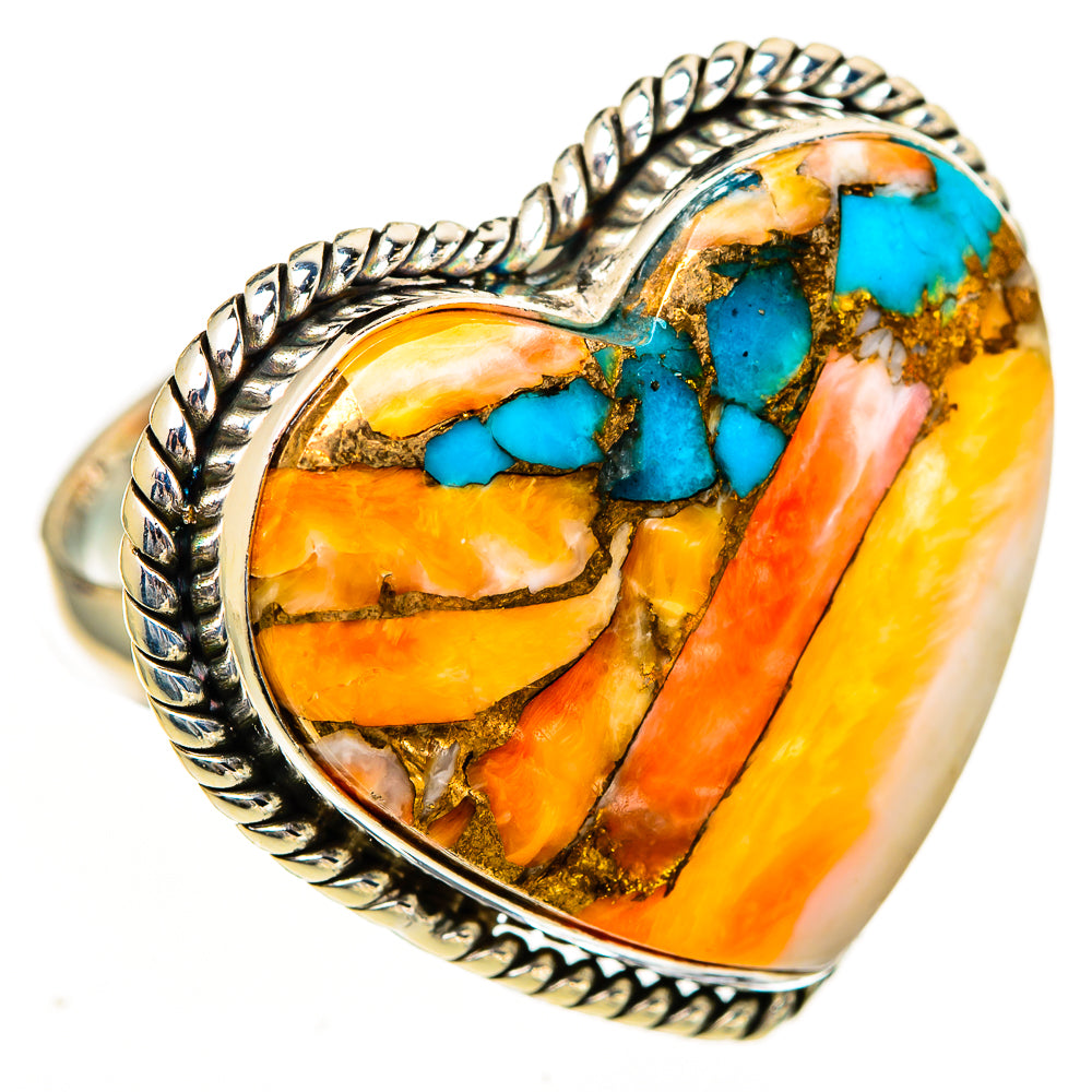 Sterling silver spiny oyster heart ring with turquoise, orange, and yellow mosaic inlay