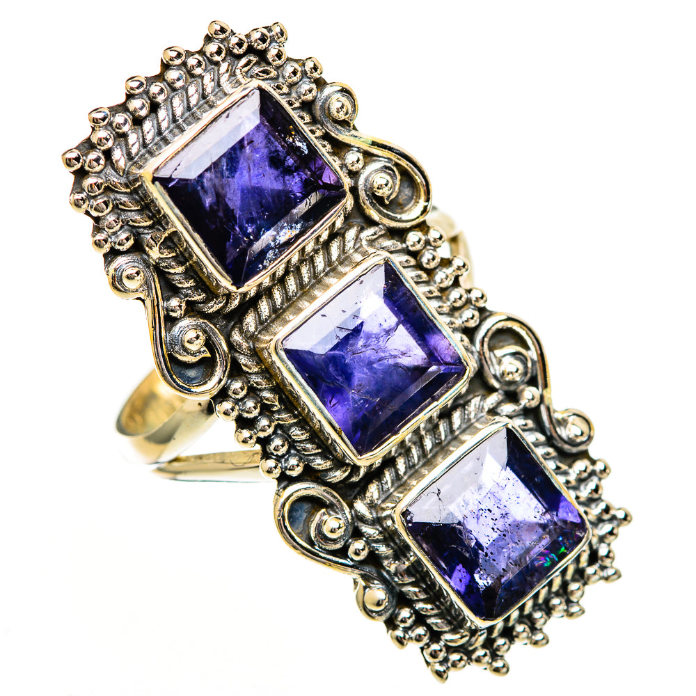 Three-stone violet faceted spinel ring in ornate 925 sterling silver setting