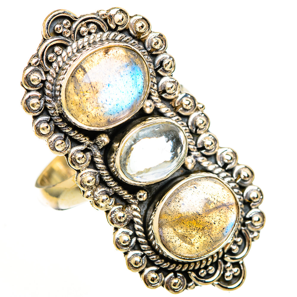 Sterling silver ring with three oval stones: blue flash labradorite and clear aquamarine
