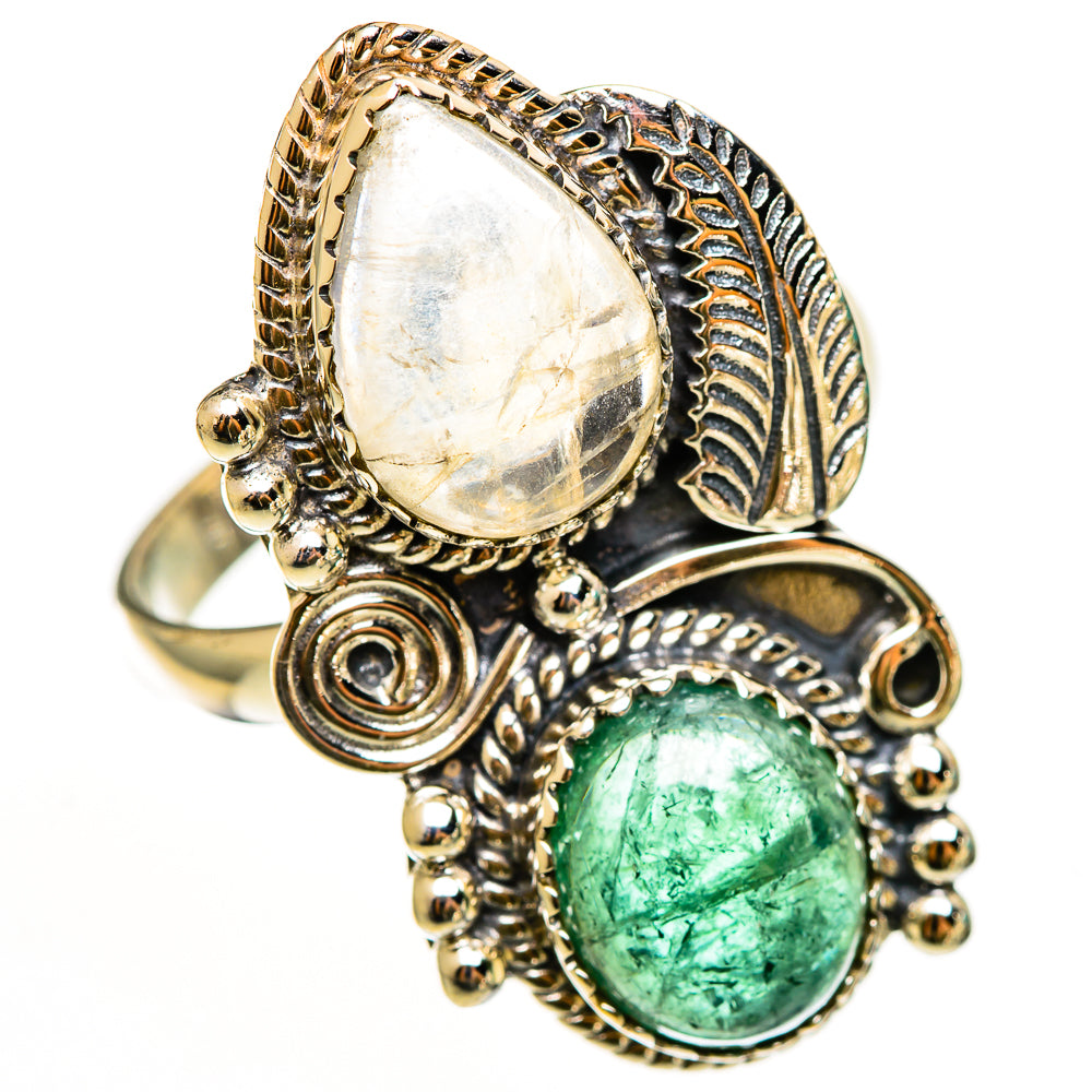 Sterling silver ring with white teardrop moonstone and green oval gemstone