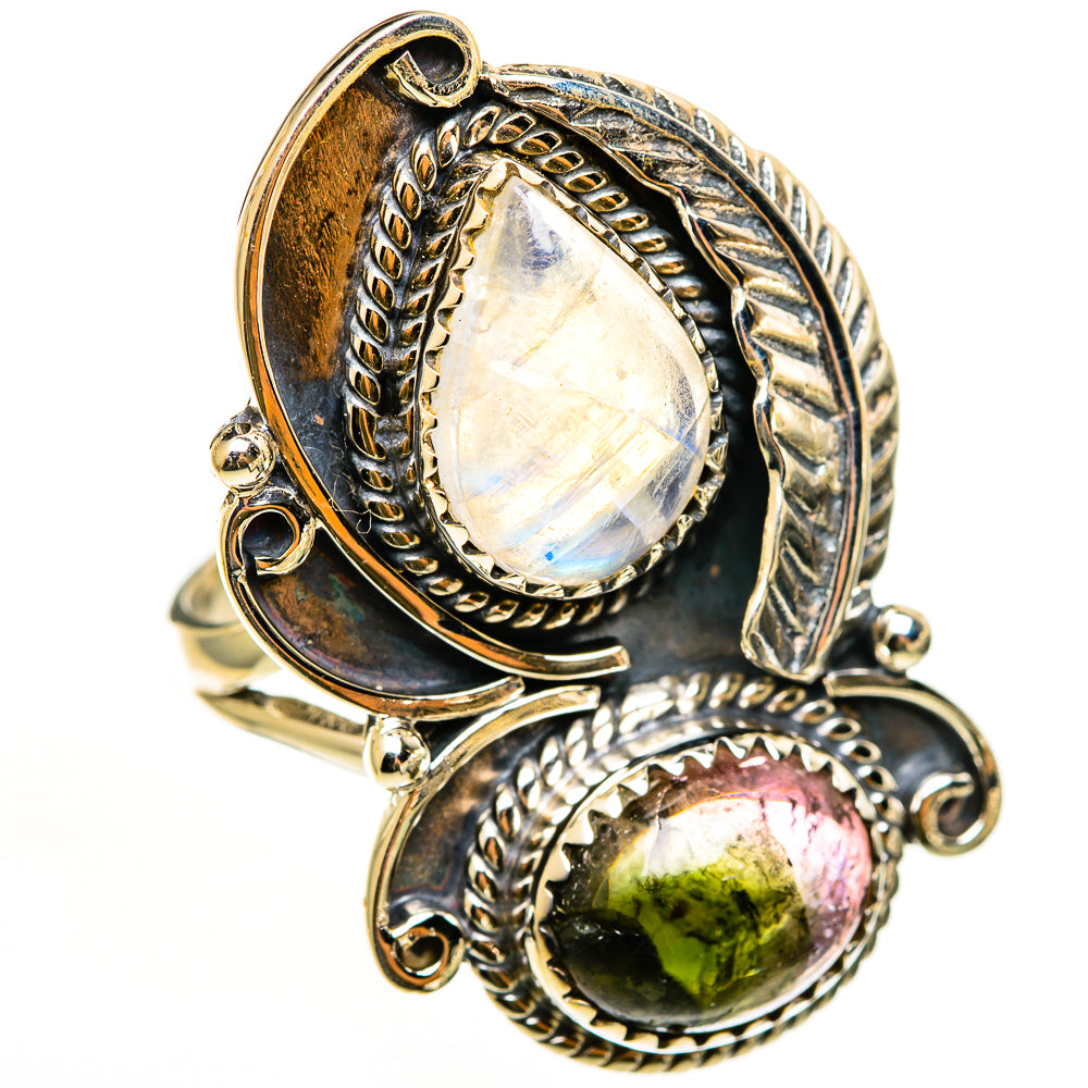 Sterling silver ornate ring with rainbow moonstone and dark watermelon tourmaline cabochon