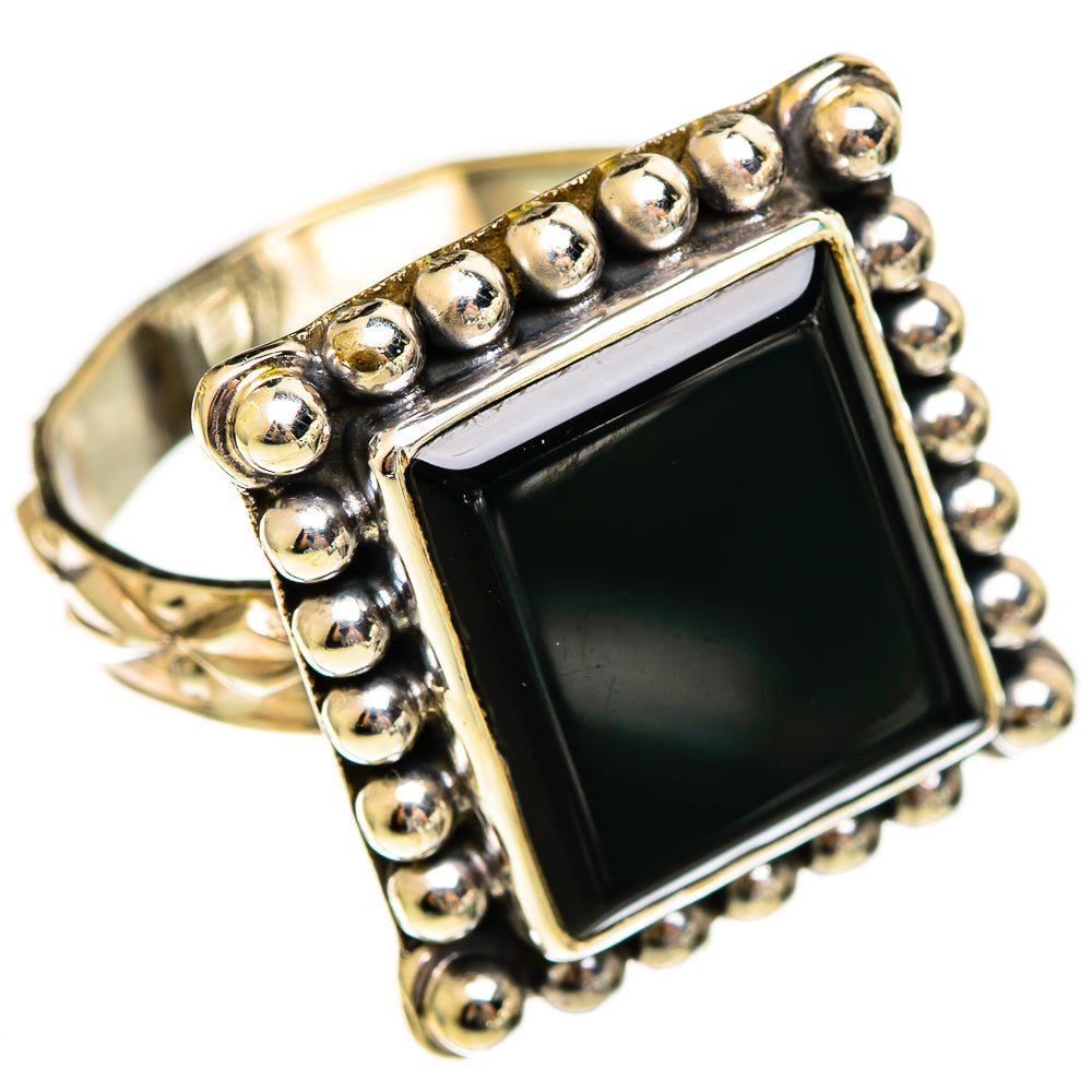 Sterling silver square black onyx ring with beaded frame and raised bezel