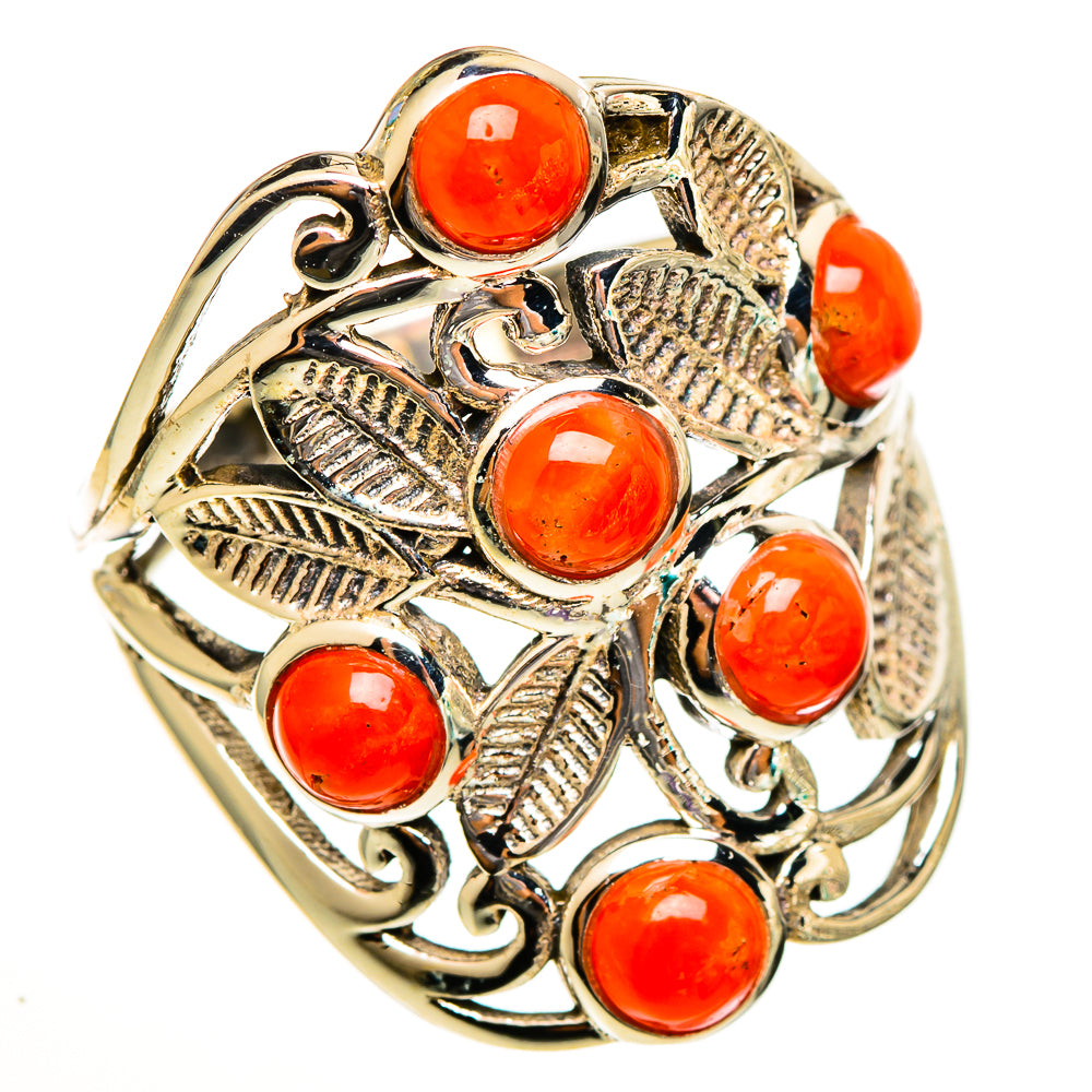 Sterling silver coral-red ring with openwork leaf filigree and 6 cabochons, size 7.25