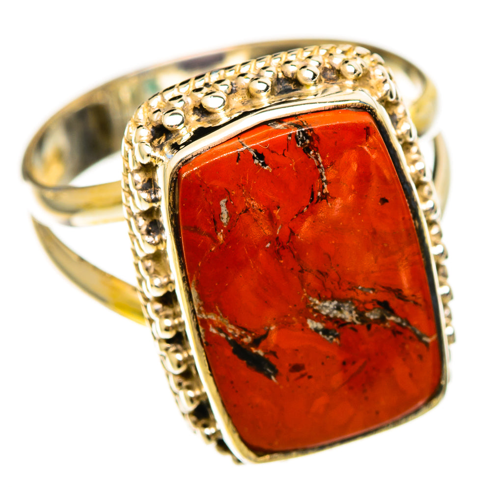 Sterling silver red jasper ring in ornate rope setting, rounded rectangular stone