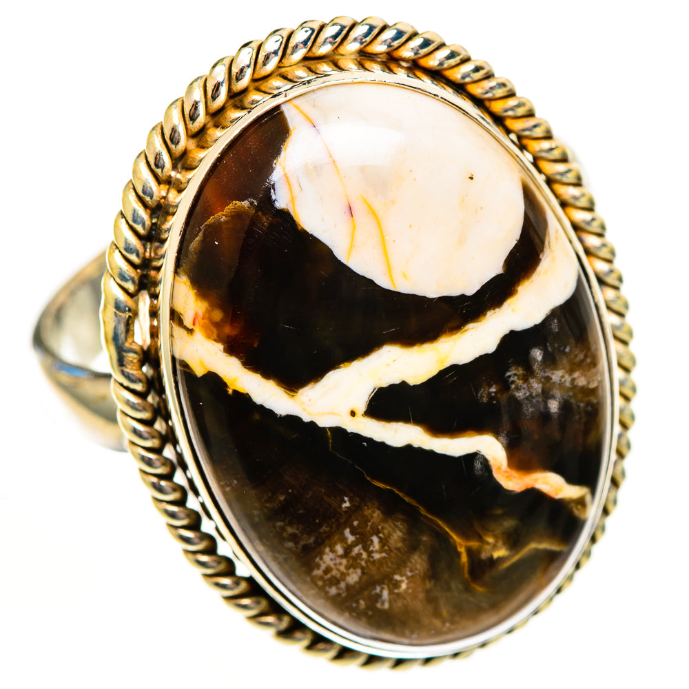Large oval jasper ring, white/orange marbled cabochon, rope-edged 925 silver bezel