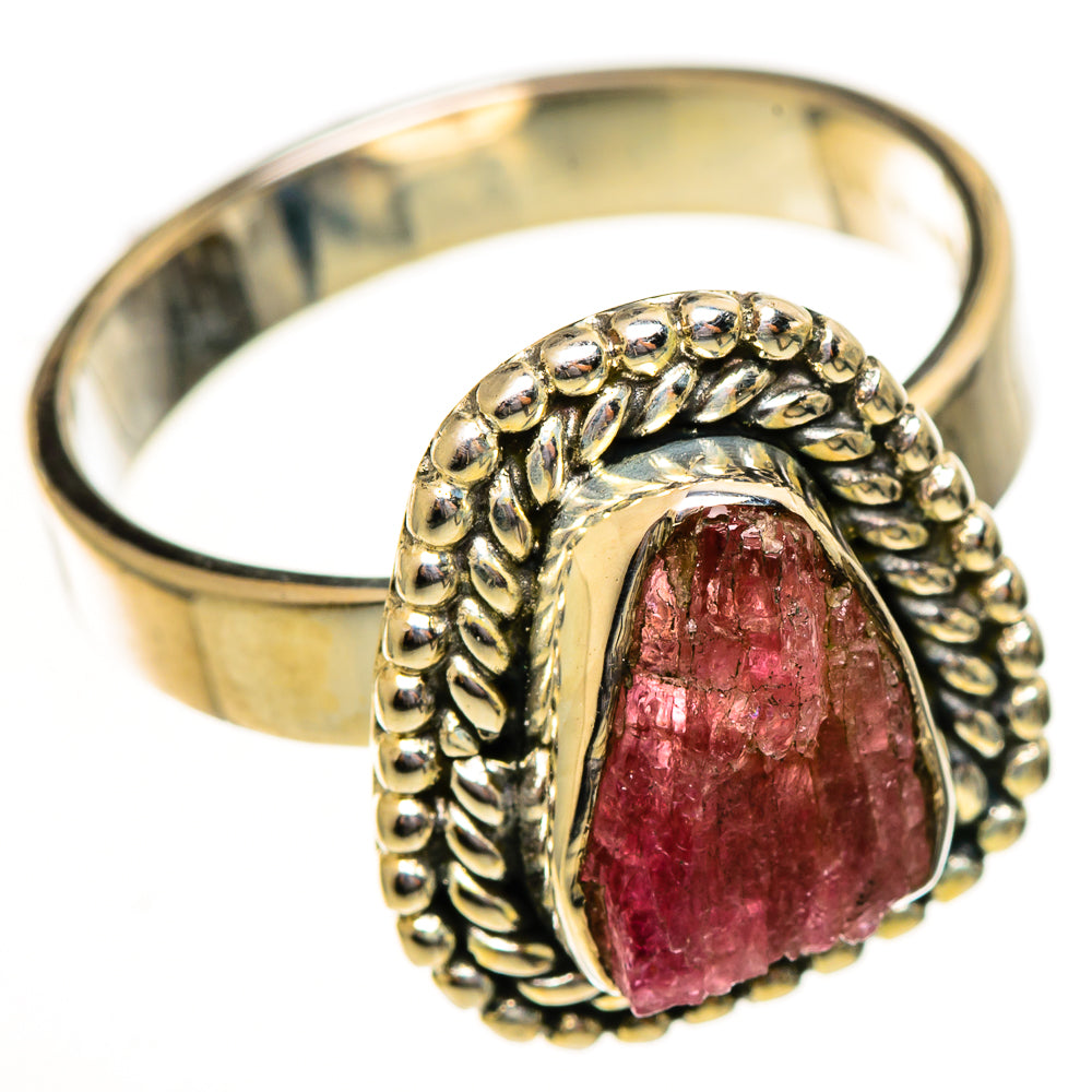 Sterling silver ring with rough pink tourmaline, beaded ornate setting, size 7.25