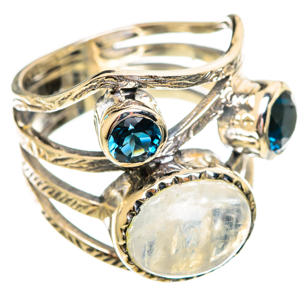 Sterling silver gemstone ring with oval moonstone center and blue round stones