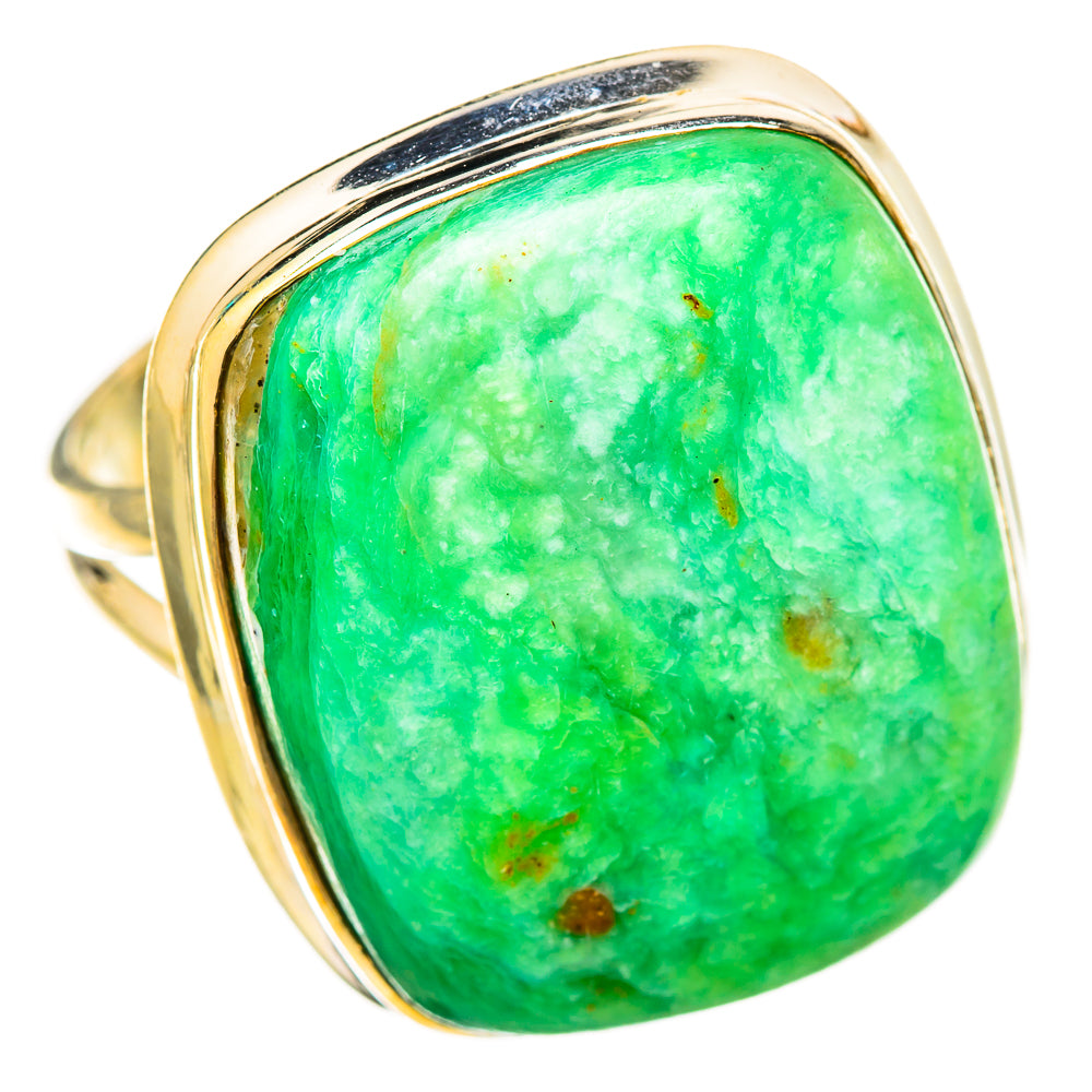 Oval green chrysocolla cabochon ring on 925 sterling silver band, angled side view