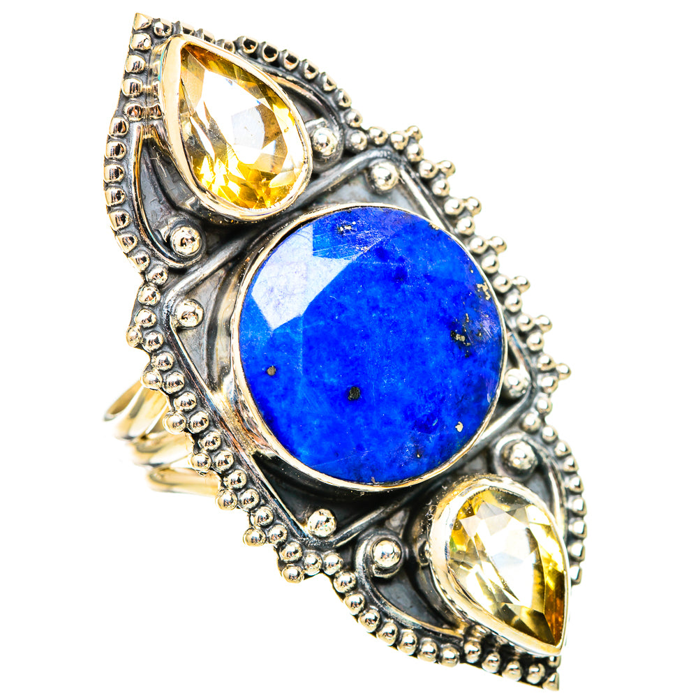 Sterling silver ring featuring round blue lapis with three citrine accents