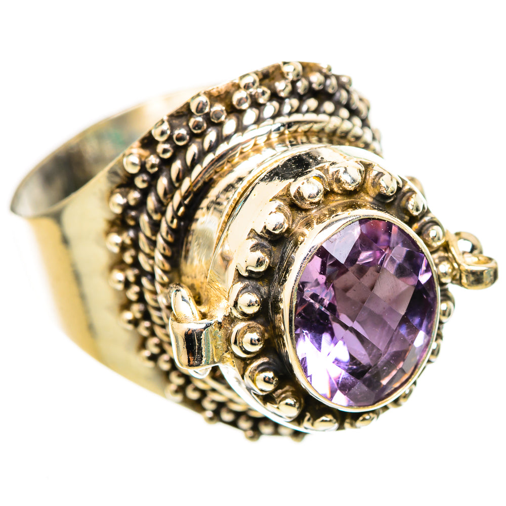 Sterling silver amethyst faceted ring, side view with raised filigree and beadwork