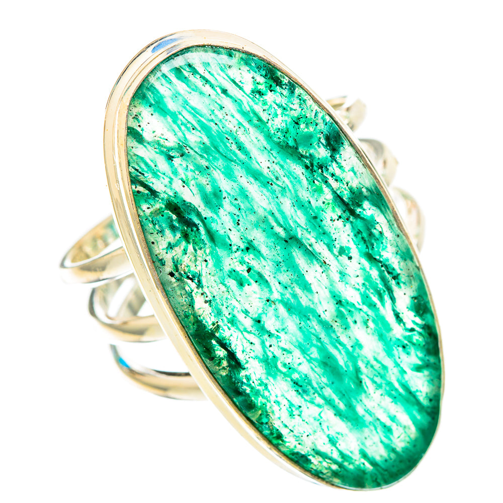 Green aventurine cabochon statement ring in sterling silver, angled view