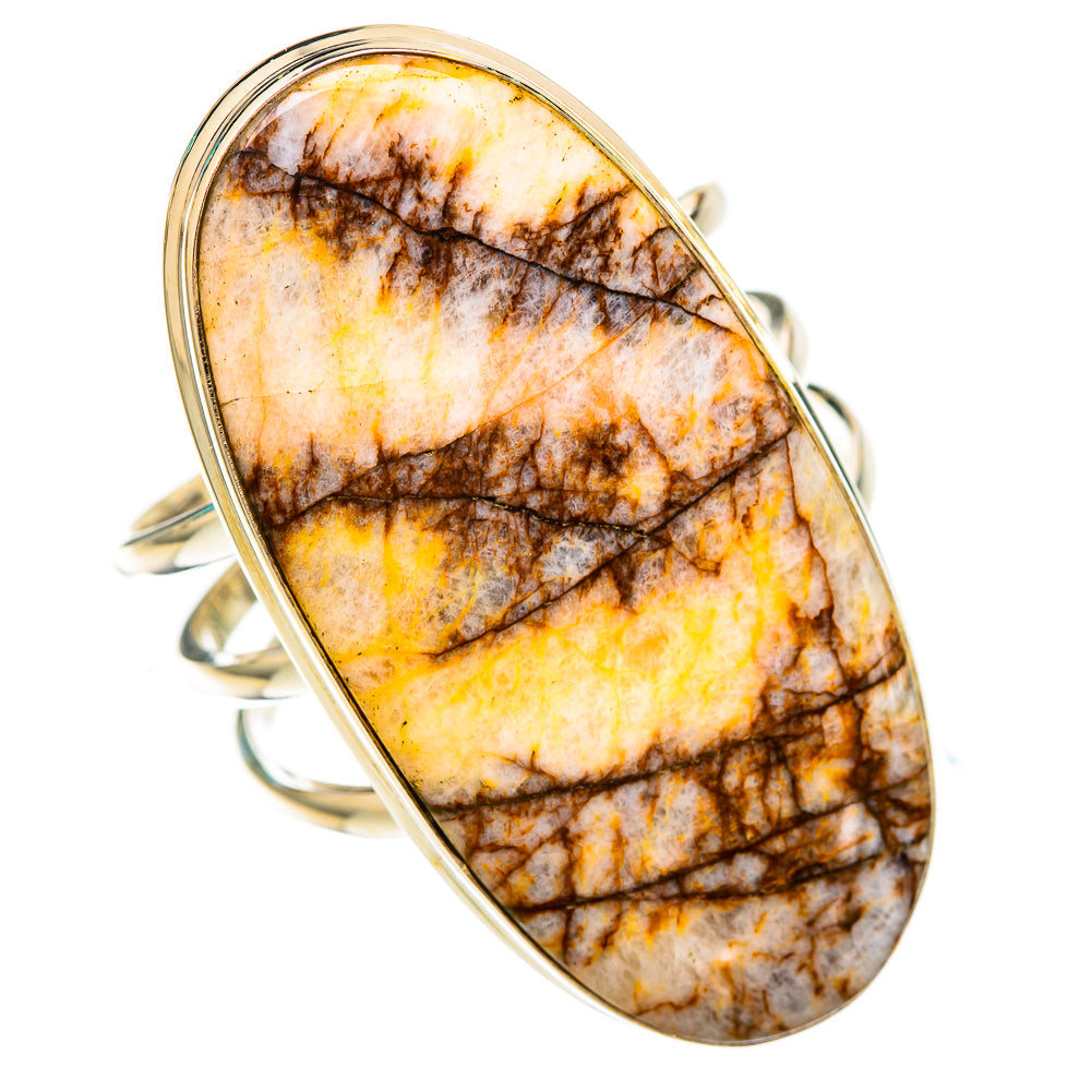 Sterling silver oval ring with picture jasper cabochon, yellow base and brown lines
