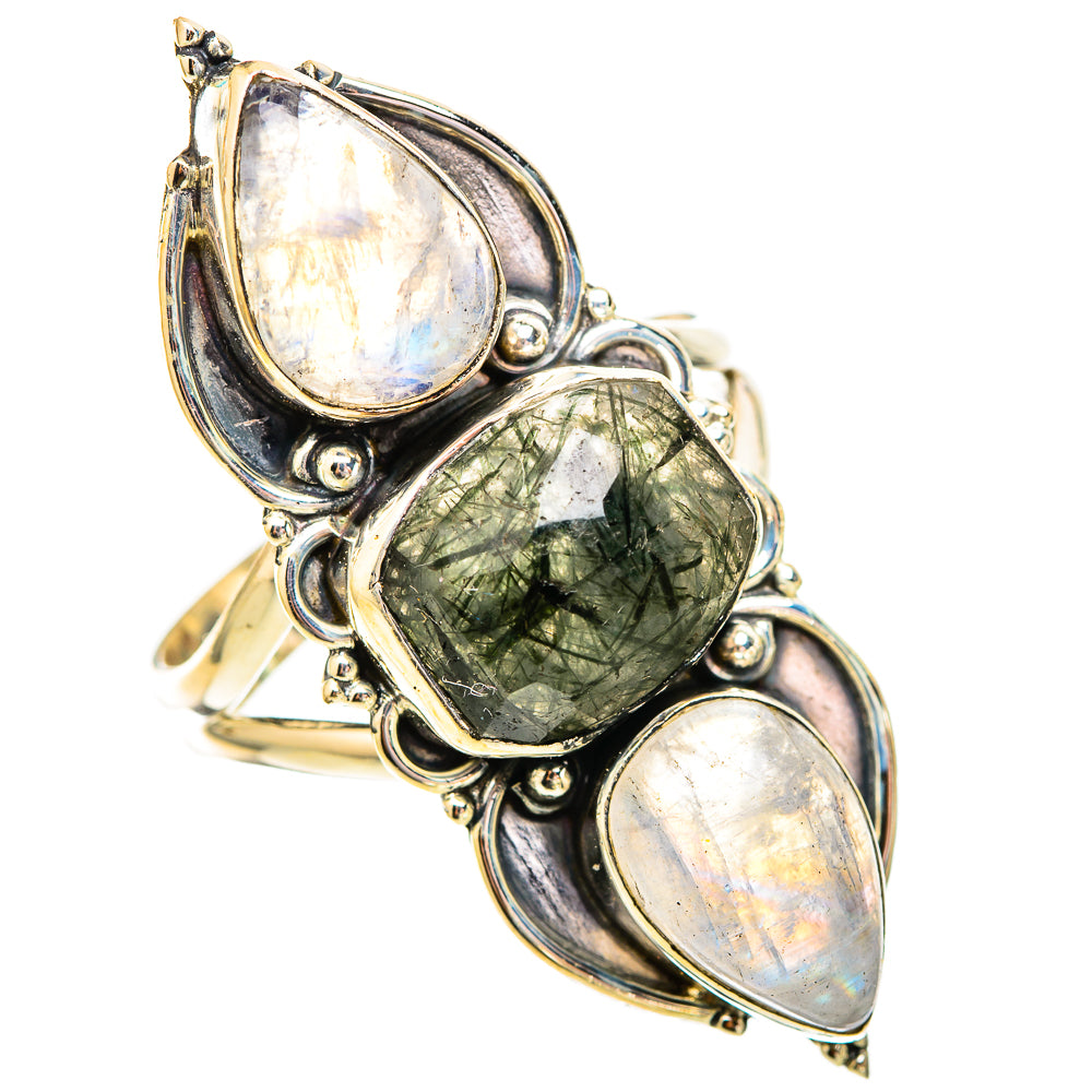 Sterling silver gemstone ring with large oval white and green cabochon stones