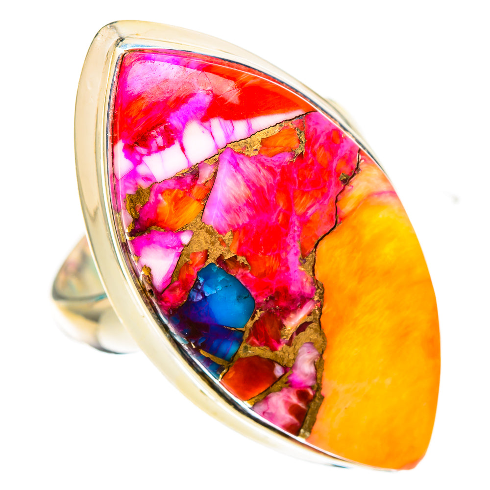 Sterling silver oval ring with multicolor stone inlay, pink red blue turquoise bezel