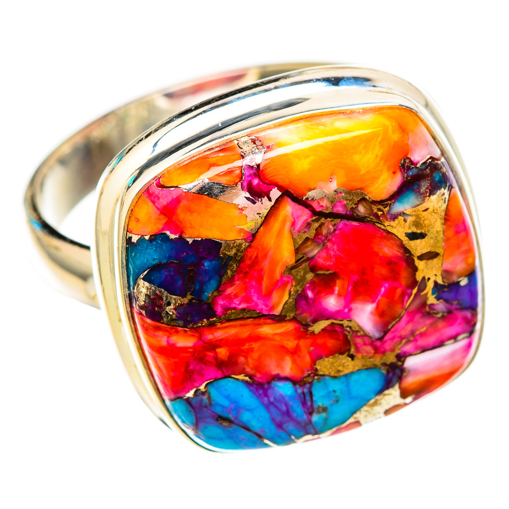 Sterling silver ring with oval multicolor mosaic, pink, blue, orange, and gold accents