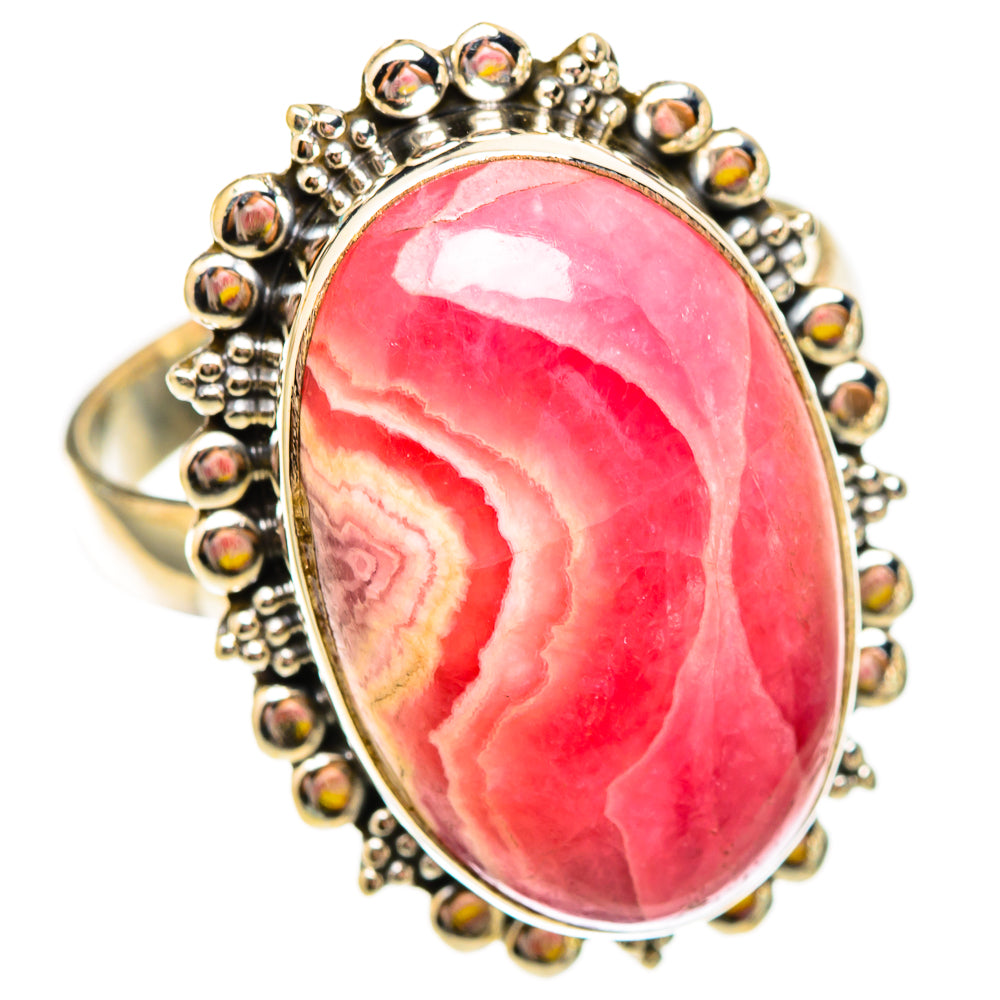Oval pink rhodochrosite ring in 925 sterling silver with beaded halo, size 9.75
