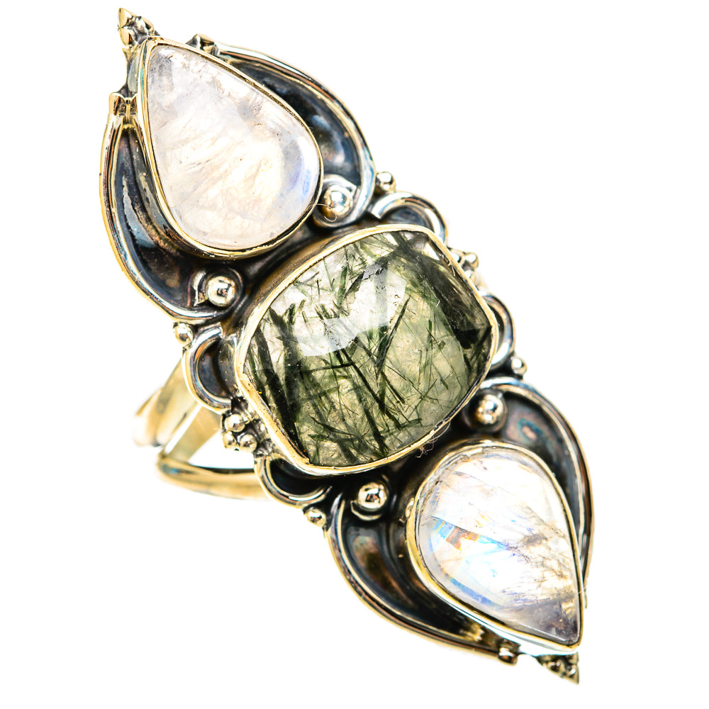 Sterling silver ring with pear cabochon moonstone and green tourmalinated quartz center