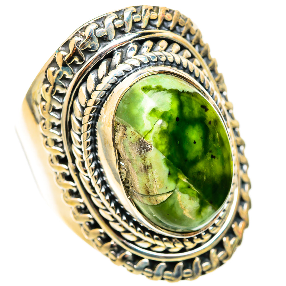 Sterling silver oval green opal cabochon ring with braided bezel and ornate band