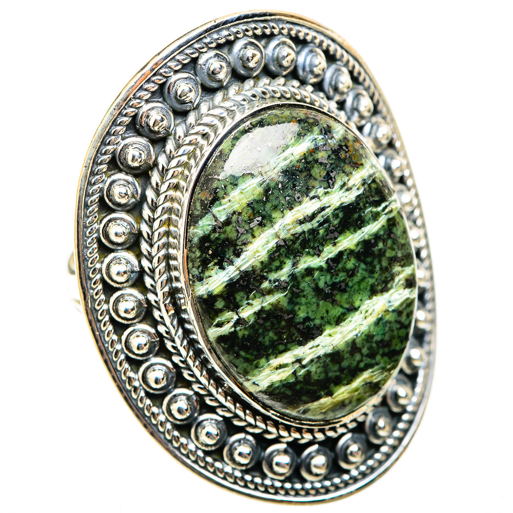 Oval green opal ring with raised rope and bead silver border, 925 sterling