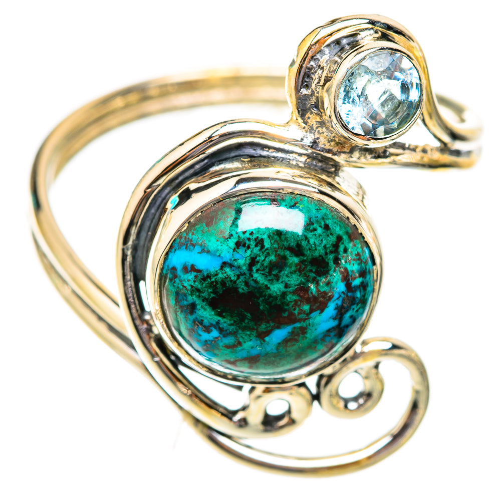 925 sterling silver ring with round blue topaz and green shattuckite center stone