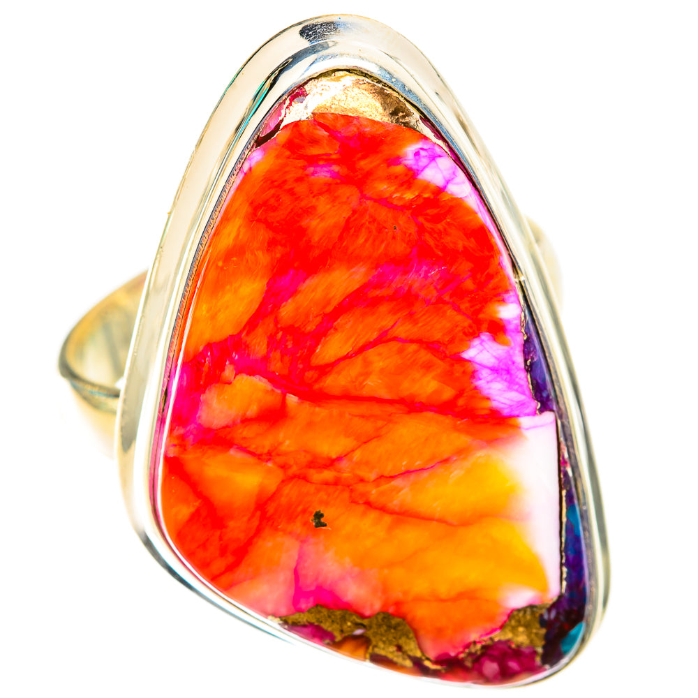 Sterling silver teardrop cabochon ring with orange, magenta and purple stone