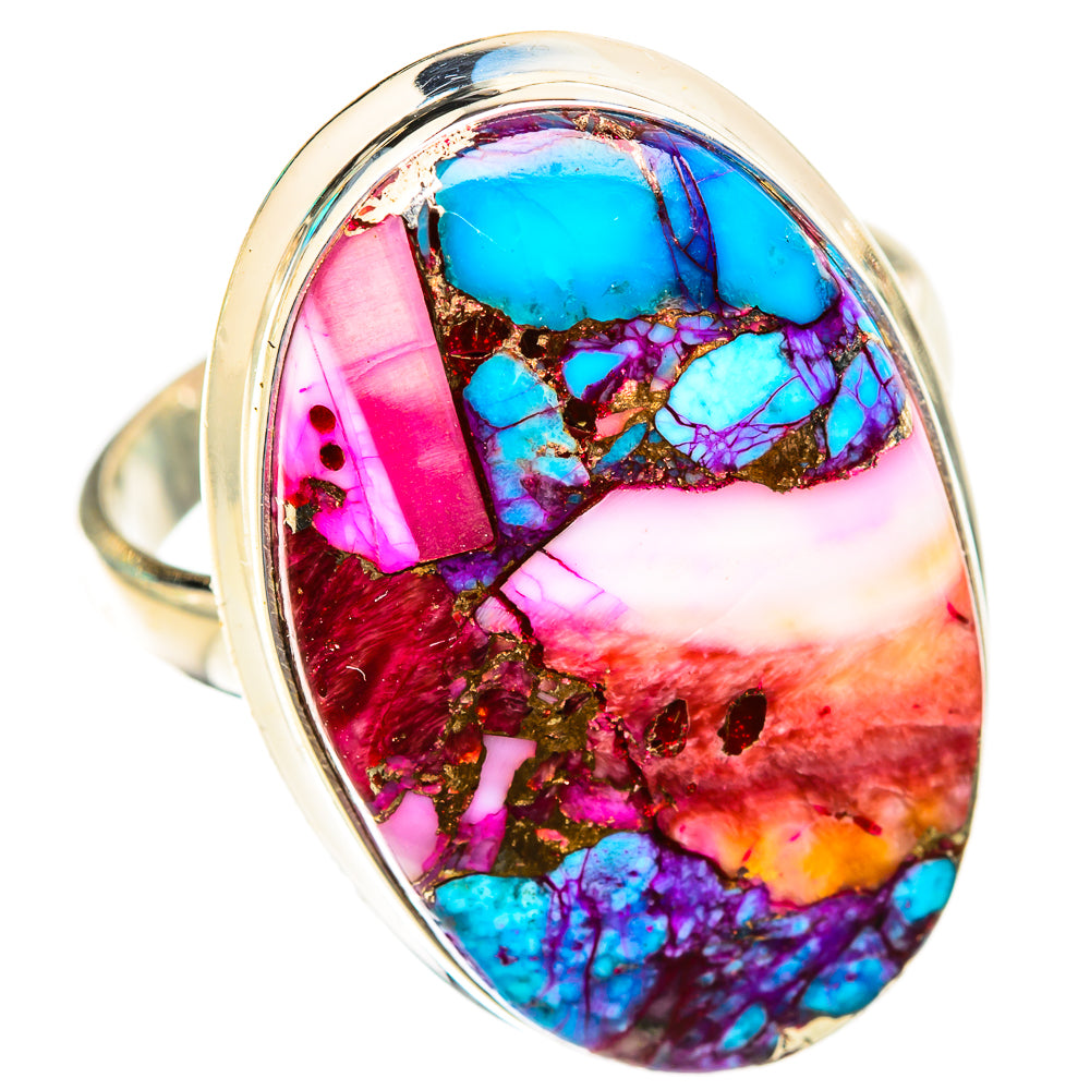Oval turquoise/pink gemstone cabochon ring, sterling silver bezel setting