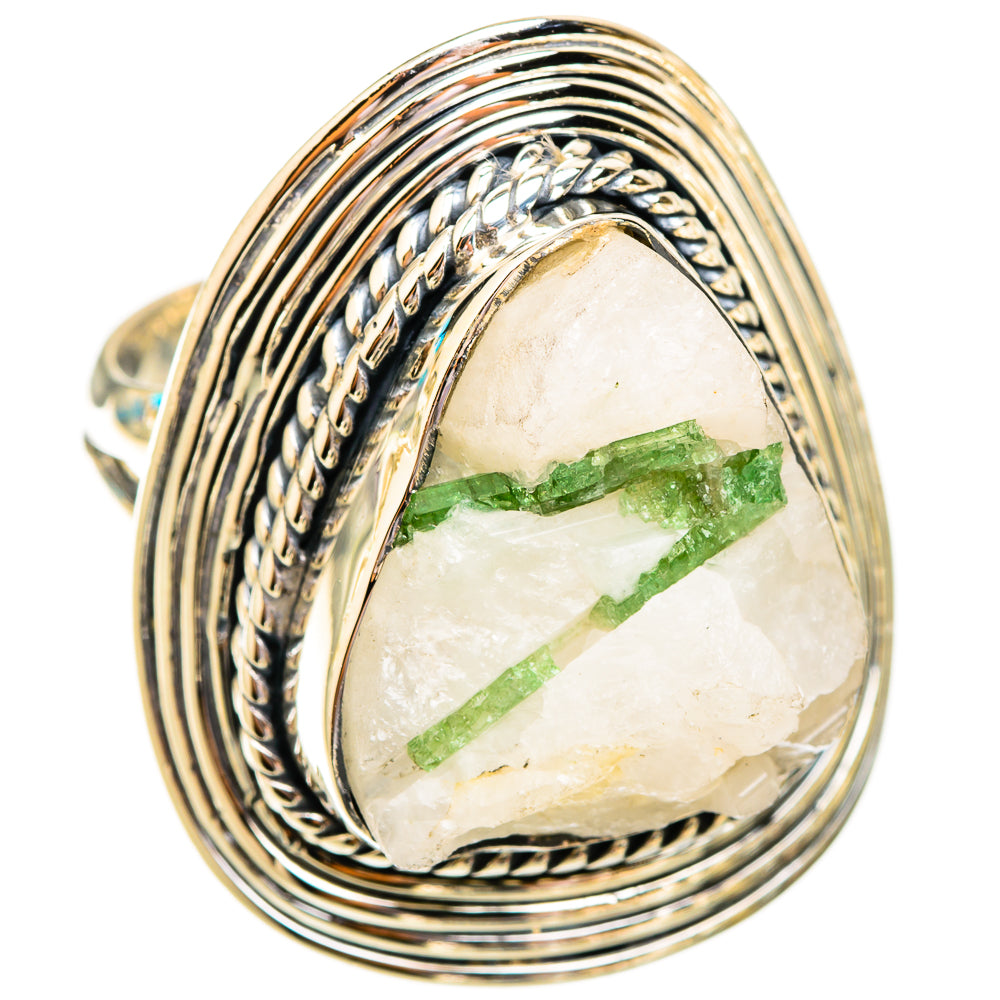 Sterling silver oval ring with braided bands and green tourmaline quartz center