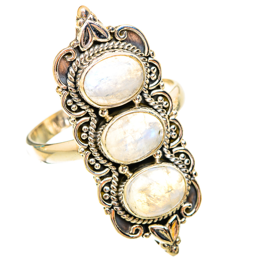 Three-stone moonstone ring with oval cabochons and ornate metalwork, size 11.5