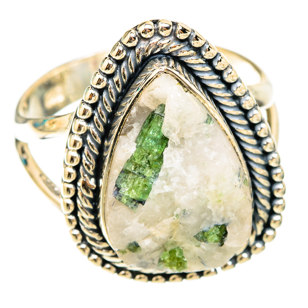 Sterling silver oval ring with green tourmaline-in-quartz and rope bezel