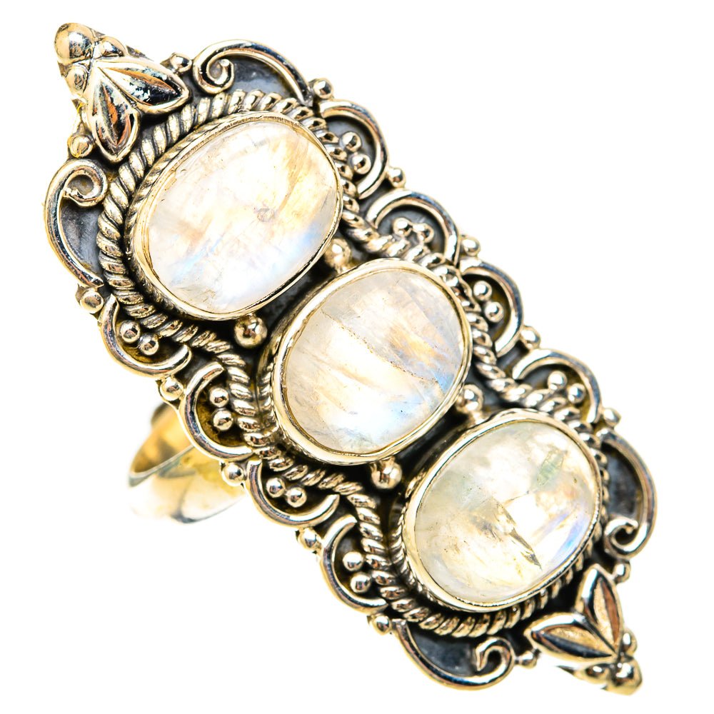 925 sterling silver moonstone ring, three oval rainbow stones, ornate filigree band