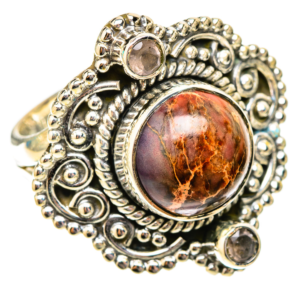 Sterling silver statement ring, round jasper cabochon with engraved scrollwork bezel