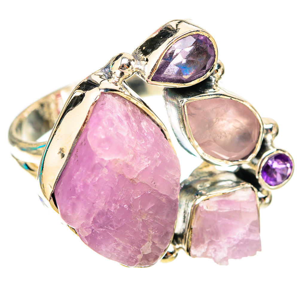 Sterling silver ring with rough pink rose quartz and purple amethyst stones