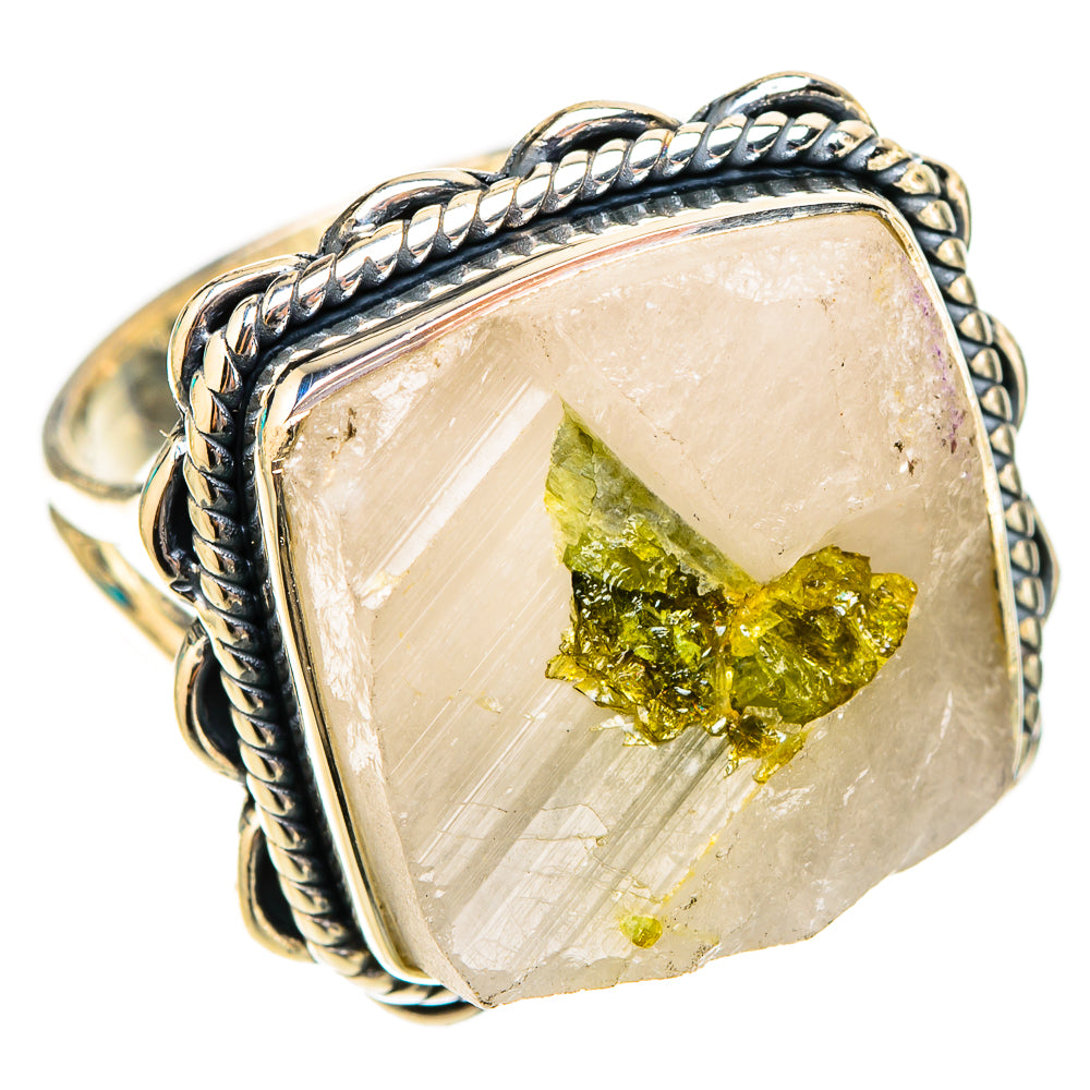 Square quartz cabochon ring in twisted rope sterling silver with green crystal inclusion