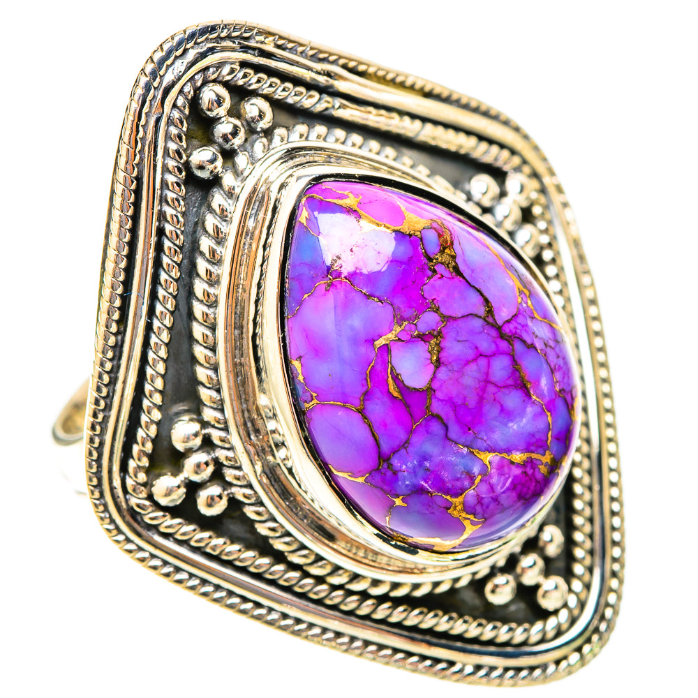 Oval purple turquoise ring with ornate silver bezel and rope border