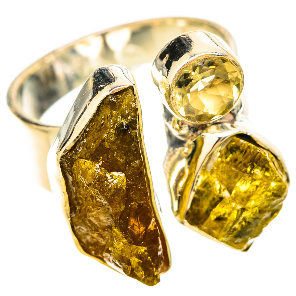 Adjustable sterling silver ring with round and rough yellow citrine gemstones