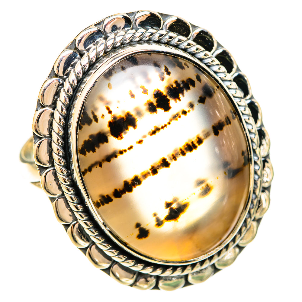 Sterling silver ring with oval Montana agate, rope bezel and dark dendrite pattern